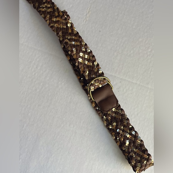 Vintage Y2K Brown Braided Gold Sequins Wide D Ring Belt - Picture 4 of 7